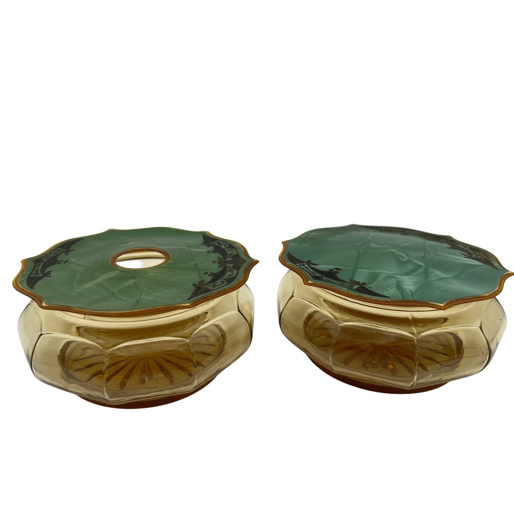 Art Deco‎ Amber Glass Vanity Jar Set with Green Celluloid Lids